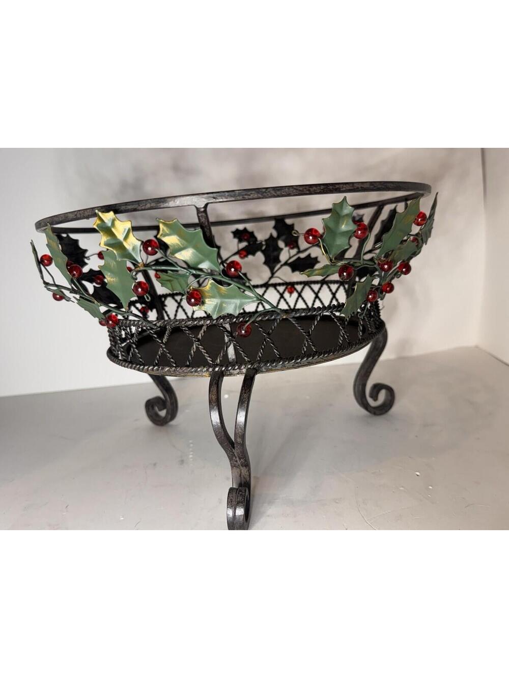 PartyLite Christmas Holly Berry Metal Centerpiece Bowl Basket Candle Holder